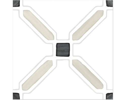 Quadratische Fliese mit geometrischem Muster bestehend aus einem dunklen Quadrat in der Mitte und diagonalen hellen Streifen.