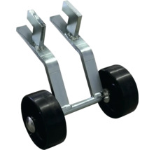 Radsatz aus Metall mit zwei schwarzen Rollen und U-Profil-Halterungen.