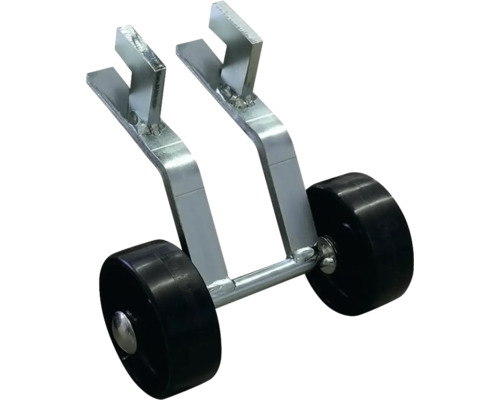 Fahrgestell für Andrückwalzen Radsatz aus Metall mit zwei schwarzen Rollen und U-Profil-Halterungen.