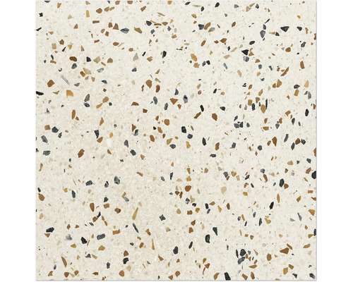 Bodenfliese in Terrazzo-Optik mit heller Grundfarbe und feinen Steineinschlüssen in Brauntönen und Dunkelgrau.
