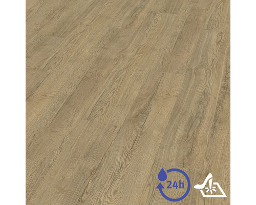 Laminatboden in Eichenoptik mit authentischer Maserung, 24 Stunden wasserresistent und strapazierfähig.