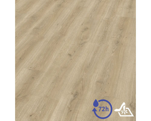 Laminatboden mit heller Holzmaserung, 72 Stunden Wasserresistenz und hoher Verschleißfestigkeit.