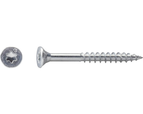 Silberne Metallschraube mit Senkkopf, Torx-Antrieb und Teilgewinde.