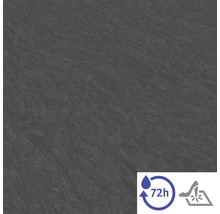 Bodenbelag in Steinoptik Anthrazit mit Symbolen für 72 Stunden Wasserresistenz und Beständigkeit gegen Pfennigabsätze.