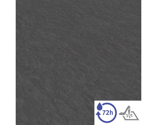 Bodenbelag in Steinoptik Anthrazit mit Symbolen für 72 Stunden Wasserresistenz und Beständigkeit gegen Pfennigabsätze.