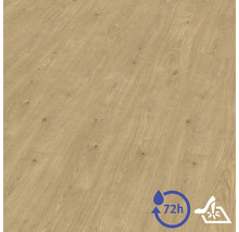 Laminatboden in Holzoptik mit Maserung und Astlöchern. Symbole für 72 Stunden Wasserresistenz und Stoßfestigkeit.