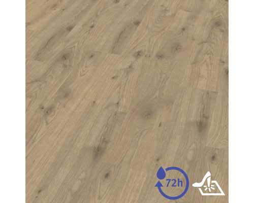 Laminatboden mit Eichenstruktur und Astlöchern, 72 Stunden Wasserresistenz und widerstandsfähig gegen hohe Punktbelastung.