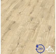 Laminatboden in heller Eichenoptik mit Astlöchern, wasserresistent bis zu 24 Stunden und strapazierfähig.