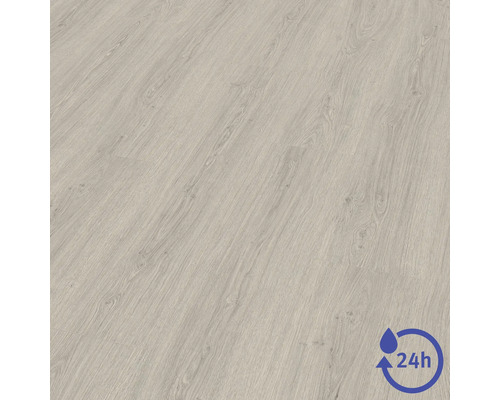 Laminatboden in heller Holzoptik mit 24 Stunden Wasserschutz.