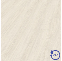 Laminatboden mit Holzmaserung und Symbol für 24 Stunden Wasserresistenz.