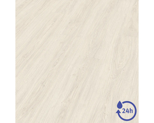 Laminatboden mit Holzmaserung und Symbol für 24 Stunden Wasserresistenz.