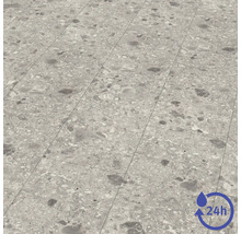 Bodenbelag in Steinoptik mit Terrazzo Muster in Grautönen und Symbol für vierundzwanzig Stunden Spritzwasserschutz.