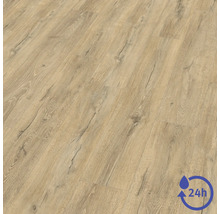 Laminatboden in heller Eichenoptik mit Holzmaserung. Wasserresistent für bis zu 24 Stunden.