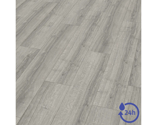 Laminatboden in grauer Holzoptik mit 24 Stunden Wasserschutz.