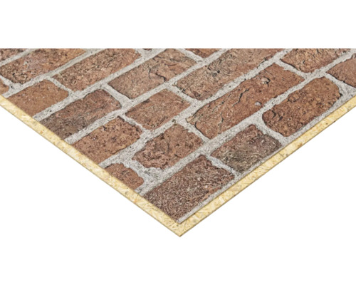 Wandpaneel in Backsteinoptik mit rustikalen, rot-braunen Steinen und grauen Fugen auf einer Trägerplatte.