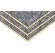 Wandpaneele in Steinoptik, mehrschichtig gestapelt, dunkles Grau, strukturierte Oberfläche.