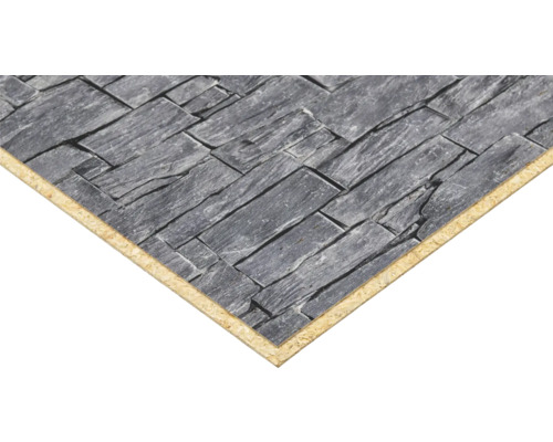 Küchenarbeitsplatte in grauer Steinoptik mit einem Kern aus Spanplatte.