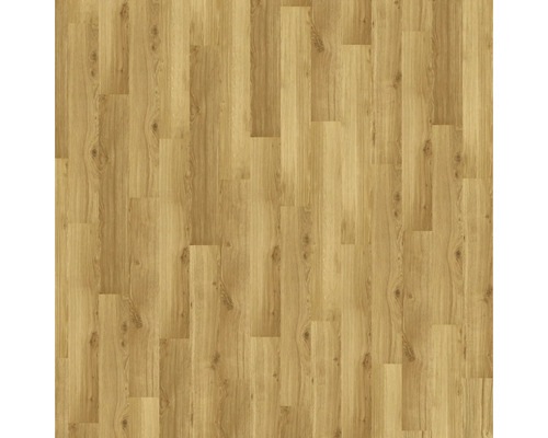 Laminatboden in Eichenoptik mit sichtbarer Maserung und Astlöchern in einem versetzten Verlegemuster.