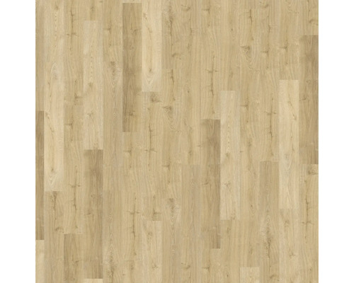 Laminatboden in heller Eichenoptik mit natürlicher Maserung und Astlöchern.