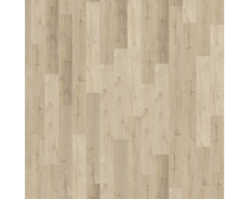 Laminatboden in Schiffsboden-Optik mit hellem Eichen-Dekor.