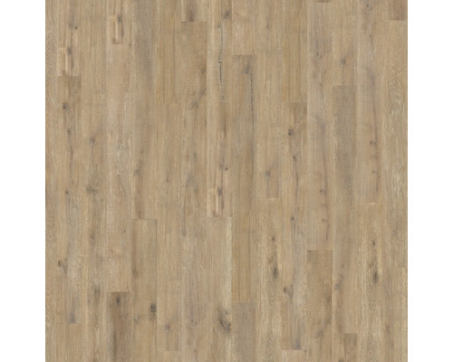 Bodenbelag in Eichenoptik mit sichtbarer Holzmaserung und Astlöchern.