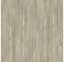 Laminatboden mit Holzoptik, feiner Maserung und sichtbaren Astlöchern in graubraunem Farbton.