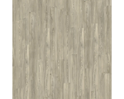 Laminatboden mit Holzoptik, feiner Maserung und sichtbaren Astlöchern in graubraunem Farbton.