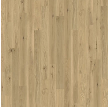 Holzboden in heller Eichenoptik mit natürlicher Maserung und Astlöchern, vertikal angeordnete Dielen.