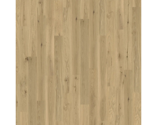 Holzboden in heller Eichenoptik mit natürlicher Maserung und Astlöchern, vertikal angeordnete Dielen.