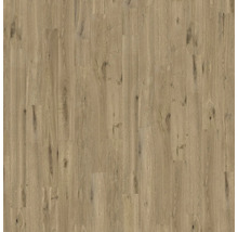 Laminatboden in Eichenoptik mit natürlicher Holzmaserung und Astlöchern in vertikaler Dielenanordnung.