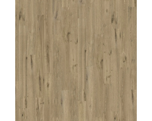 Laminatboden in Eichenoptik mit natürlicher Holzmaserung und Astlöchern in vertikaler Dielenanordnung.