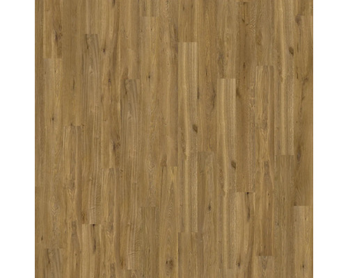 Laminatboden mit Eiche-Dekor, 3-Stab Schiffsboden-Optik, mit sichtbarer Holzmaserung und Astlöchern.