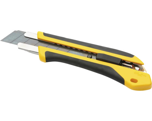 Gelber Olfa Cutter mit Abbrechklinge und ergonomischem schwarzem Griff.