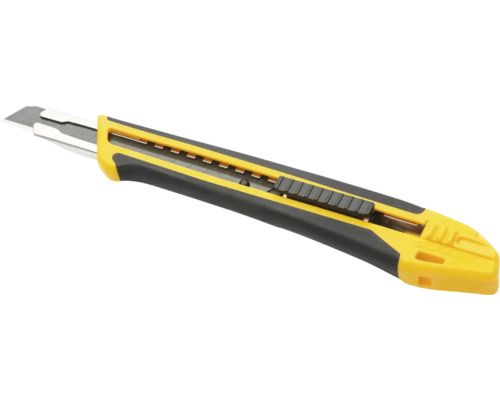 Cutter mit Abbrechklinge, gelb-schwarzer Kunststoffgriff mit Gummierung und Metallführung.