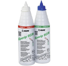 Mapei Eporip SCR schnellhärtendes zwei-komponentiges Silikat-Urethanharz zum Schließen von Estrichrissen und Fugen in zwei Flaschen mit Mapei Logo.