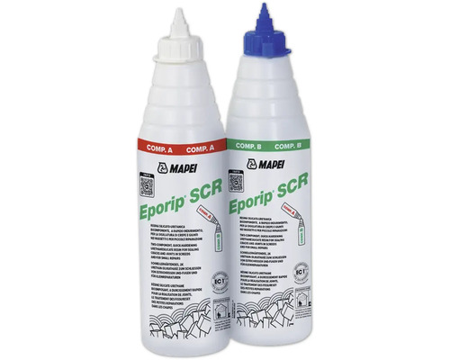 Mapei Eporip SCR schnellhärtendes zwei-komponentiges Silikat-Urethanharz zum Schließen von Estrichrissen und Fugen in zwei Flaschen mit Mapei Logo.