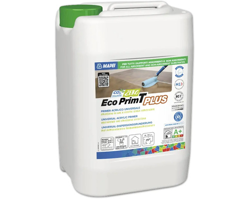 Mapei Grundierung Eco Prim T Plus 5 kg Mapei Eco Prim T Plus Universal-Dispersionsgrundierung im weißen Kanister mit grünem Deckel.