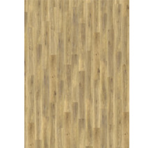 Laminatboden mit Holzmaserung in Eichenoptik, schmale Dielen mit sichtbaren Astlöchern.