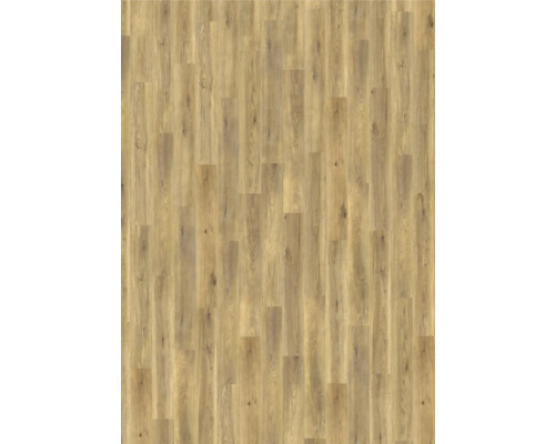 Laminatboden mit Holzmaserung in Eichenoptik, schmale Dielen mit sichtbaren Astlöchern.