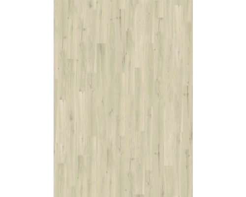 Laminatboden in Eichenoptik, helles Dekor, Schiffsboden-Muster mit Holzmaserung und kleinen Astlöchern.