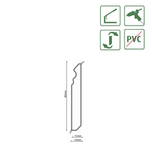 Sockelleiste, PVC-frei, Höhe 80 Millimeter, Breite 13 Millimeter, Profilzeichnung mit Symbolen für Montage mit Clips, Kleber und Wendbarkeit.