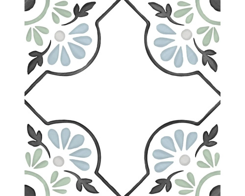 Quadratische Fliese mit floralem Ornament im mediterranen Stil, stilisierte Blätter und Blüten.