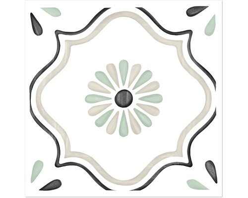 Quadratische Dekorfliese mit zentralem Blumenmotiv, geschwungener Umrandung und Tropfenmustern in den Ecken.
