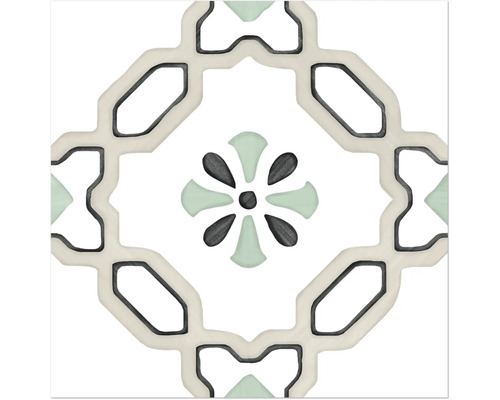 Quadratische Feinsteinzeugfliese mit geometrischem Muster und zentralem Blütenmotiv in Grün und Grau.
