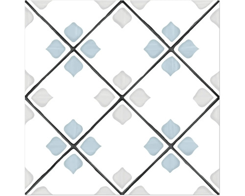 Quadratische Fliese mit geometrischem Rautenmuster in Weiß und Blau.