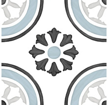 Quadratische Bodenfliese mit Retro-Ornamentmuster, einem zentralen Blumenelement und kreisförmigen Eckmotiven.