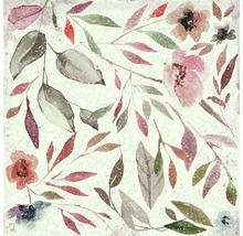 Quadratische Dekorfliese mit floralem Muster aus Blättern und Blüten im Aquarell-Stil mit feiner Craquelé-Optik.