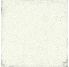 Quadratische Keramik-Wandfliese mit weißer Krakelee-Optik und künstlich gealterten Kanten.