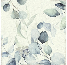 Wandfliese mit botanischem Eukalyptus-Blattmuster und Vintage-Krakelee-Effekt in Grün und Grau.