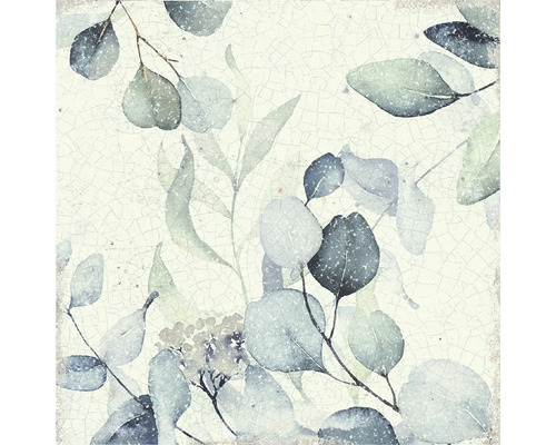 Wandfliese mit botanischem Eukalyptus-Blattmuster und Vintage-Krakelee-Effekt in Grün und Grau.